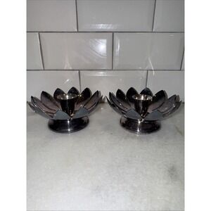 Set Of 2 Vintage Candle Holders- Silver‎ Plate-Reed & Barton Lotus FlowerGW995